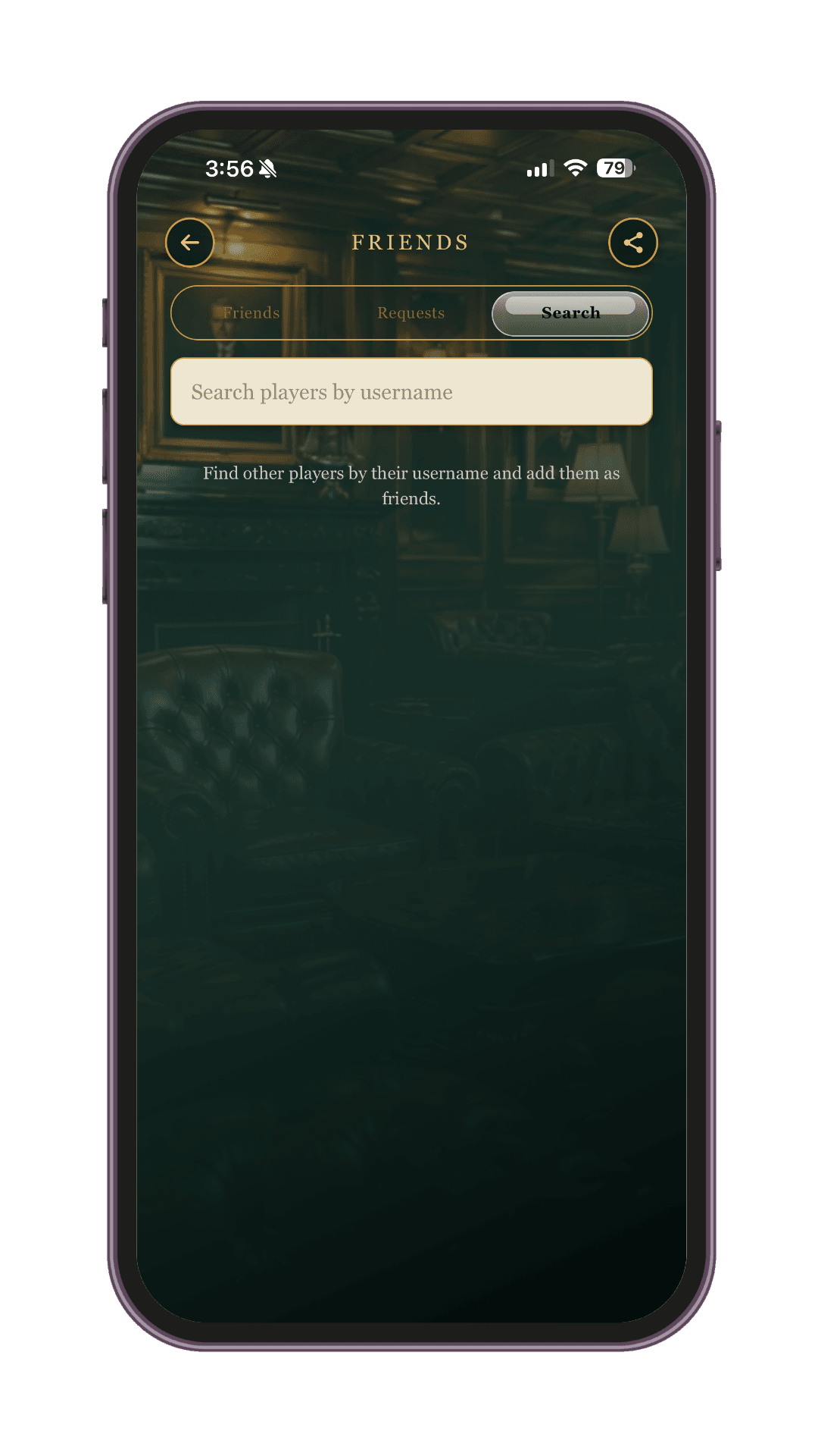 The Friends screen in the Ultimate Tic Tac Toe app — search players by username, manage requests, and add friends