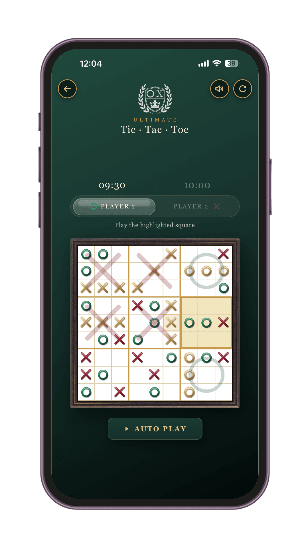 A timed Ultimate Tic Tac Toe match in progress on iPhone