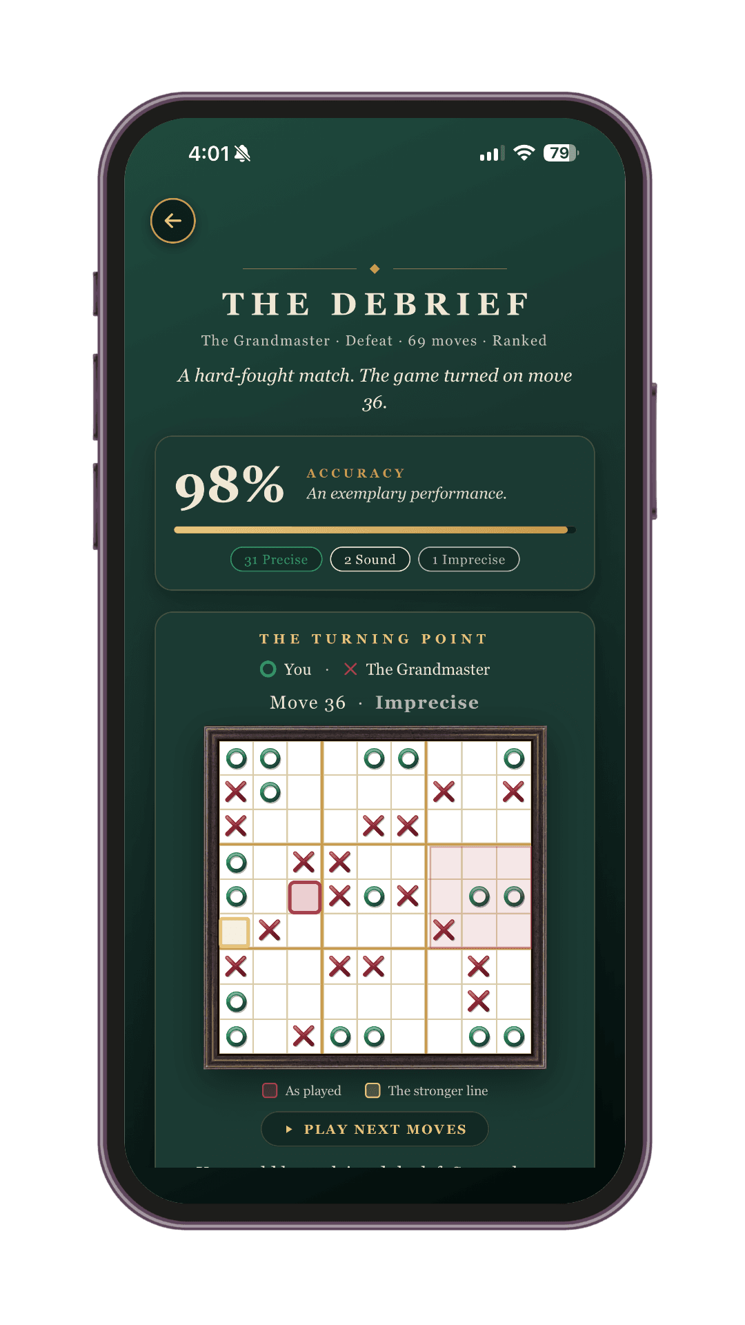 The Debrief post-match analysis in Ultimate Tic Tac Toe showing 98% accuracy, graded moves, and the turning point of the match